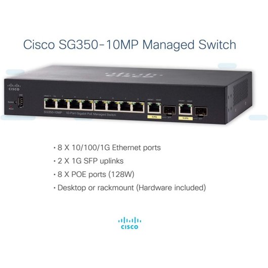 Cisco SG350-10MP Switch de Red 10 Puertos Gigabit PoE Negro