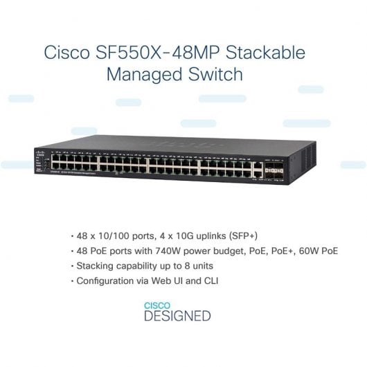 Cisco SG550X-48MP Switch 48 Portas Gigabit PoE Stackable Preto