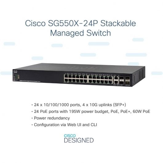 Cisco SG550X-24P Switch 24 Puertos Gigabit PoE Stackable Negro