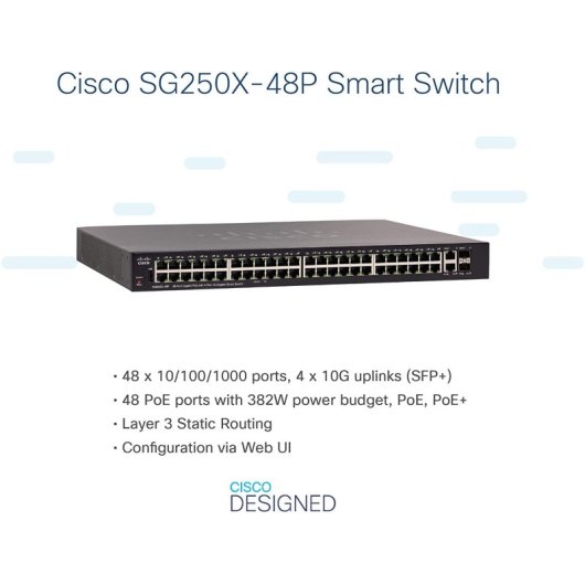 Cisco SG250X-48P Switch de Rede 48 Portas Gigabit PoE Smart Switch com 10G Uplinks