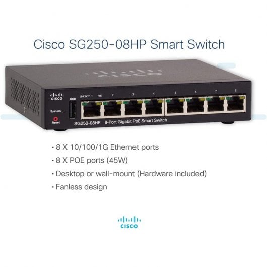 Cisco SG250-08HP Switch de Rede 8 Portas Gigabit PoE Smart Preto