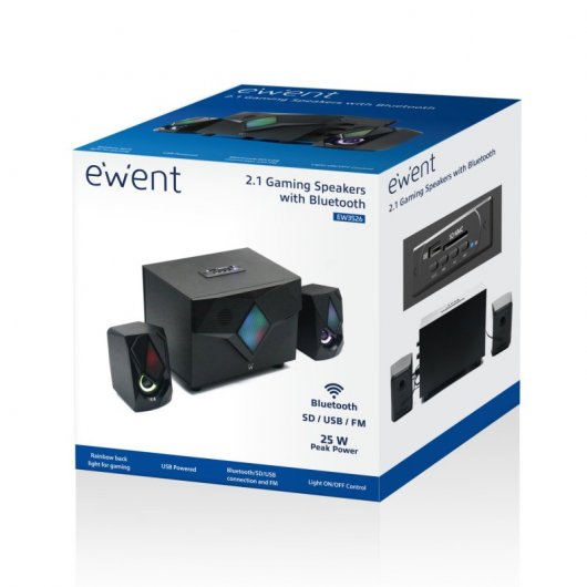 Ewent Colunas Gaming 2.1 com Bluetooth/Rádio FM/Leitor Multimédia USB/AUX/SD