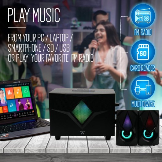 Ewent Colunas Gaming 2.1 com Bluetooth/Rádio FM/Leitor Multimédia USB/AUX/SD