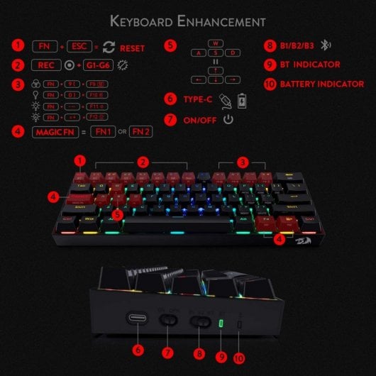 Redragon Draconic K530 Teclado Mecánico Gaming TKL RGB Switch Brown Layout USA Negro