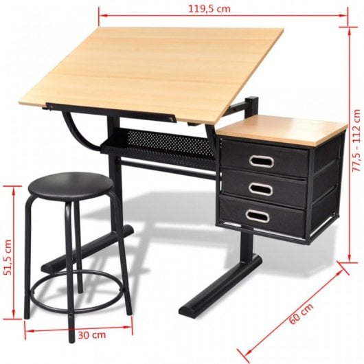 Bureau inclinable VidaXL avec planche à dessin et tabouret