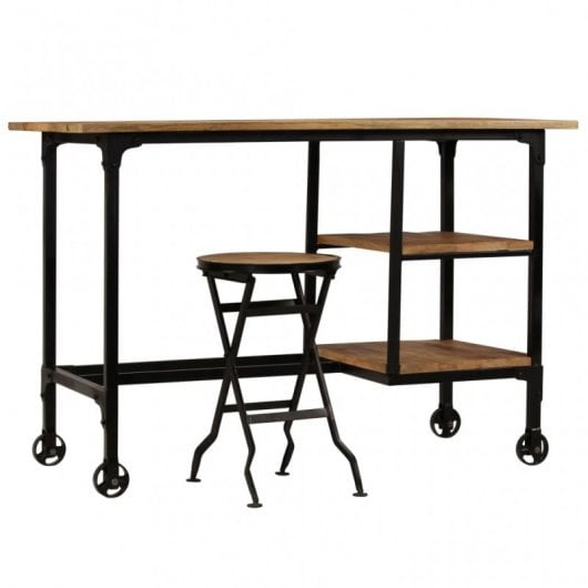 VidaXL Bureau et tabouret pliants en bois de manguier massif 115x50x76cm