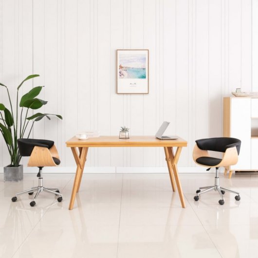 VidaXL Silla de Oficina Giratoria Madera Curvada Cuero Sintético Negro