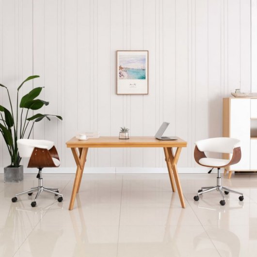 VidaXL Silla Oficina Giratoria Madera Curvada Cuero Sintético Blanco