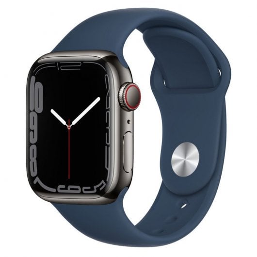 Apple Watch Series 7 GPS + Cellular, 41mm Cassa in Acciaio inossidabile Grafite con Cinturino Sport Azzurro