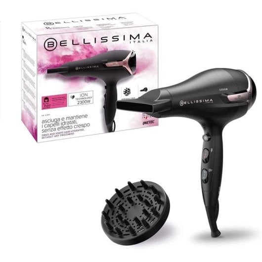 Secador de Cabelo Iónico com Difusor Bellissima K9 2300 2300W 3 Temperaturas 2 Velocidades Preto/Rosa