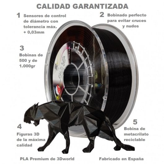 3D World Bobina de Filamento PLA Premium 1.75mm 1Kg Negro Pantera