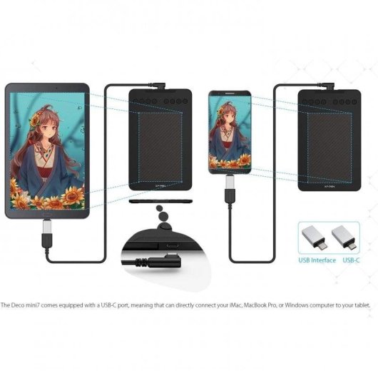 Tablette graphique XP-Pen Deco Mini7 5080 LPI 8 touches USB Noir