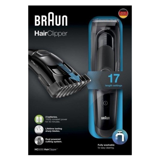Máquina de Cortar Cabelo Braun HC5050 Sem Fio 17 Comprimentos 50min 2 Pentes Lavável