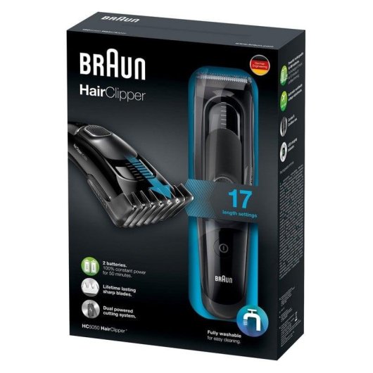 Máquina de Cortar Cabelo Braun HC5050 Sem Fio 17 Comprimentos 50min 2 Pentes Lavável