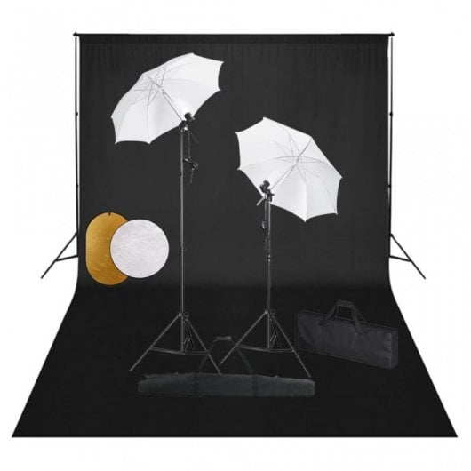 vidaXL Kit de Estúdio Fotográfico 2 Holofotes + Fundo + Refletor + Guarda-chuva