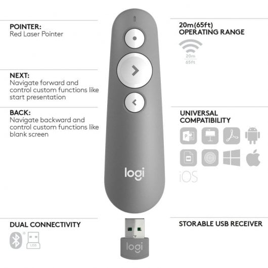 Contrôleur laser sans fil Logitech R500 pour présentations Gris