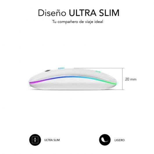 Subblim LED Dual Flat Mouse Ratón Óptico Inalámbrico RGB 1600DPI Blanco