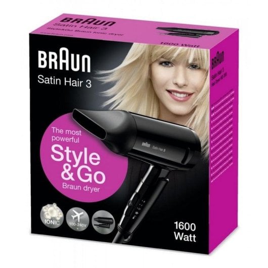 Sèche-cheveux Ionique de Voyage Pliable Braun Satin Hair HD350 1600W 2 Températures 1 Vitesse Noir