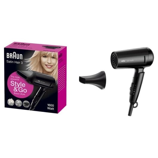 Sèche-cheveux Ionique de Voyage Pliable Braun Satin Hair HD350 1600W 2 Températures 1 Vitesse Noir