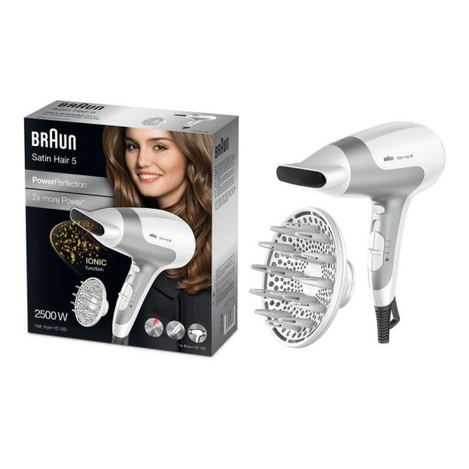 Ionen Föhn Braun Satin Hair 5 HD585 2500W 3 Temperaturstufen 2 Geschwindigkeiten Diffusor Weiß Silber