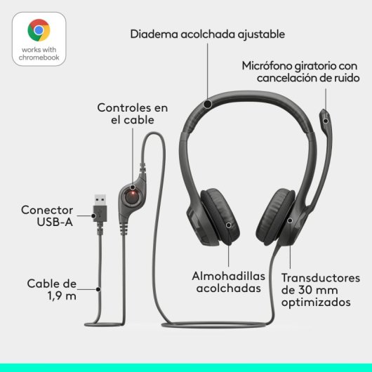 Logitech H390 Auriculares Estéreo con Micrófono con Supresión de Ruido USB-A funciona con Chromebook