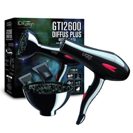 Professioneller Föhn Italian Design GTI 2600 Plus 2200W 3 Temperaturstufen 2 Geschwindigkeiten mit Zubehör Schwarz