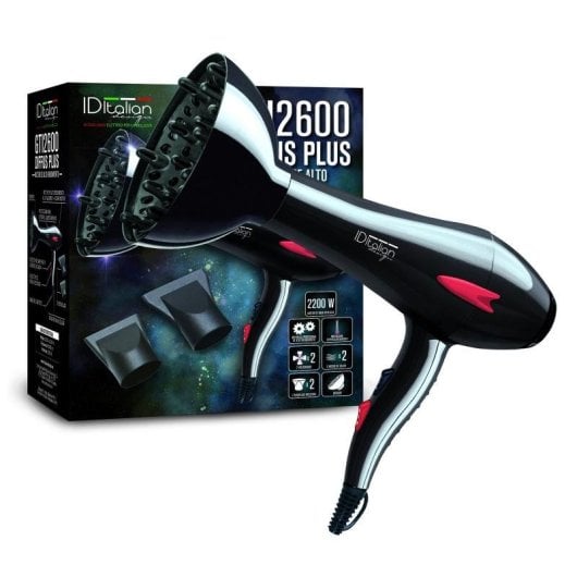 Professioneller Föhn Italian Design GTI 2600 Plus 2200W 3 Temperaturstufen 2 Geschwindigkeiten mit Zubehör Schwarz