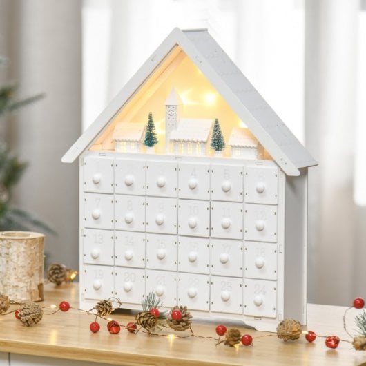 HOMCOM Calendario de Adviento Navidad Madera con Luces LED 39x9x42 cm Blanco