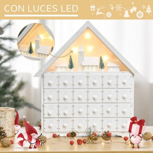 HOMCOM Calendario de Adviento Navidad Madera con Luces LED 39x9x42 cm Blanco