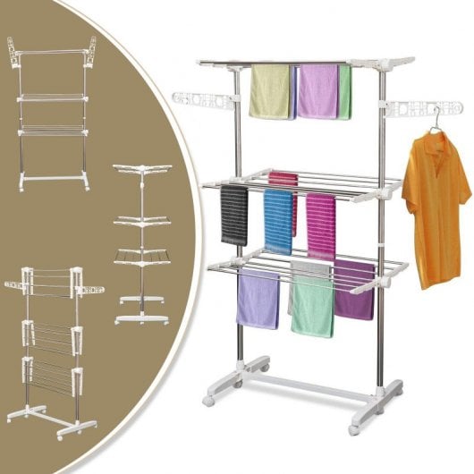 HOMCOM Tendedero Plegable de 3 Niveles con 6 Ruedas Acero Inox. 80-142x55x152 cm