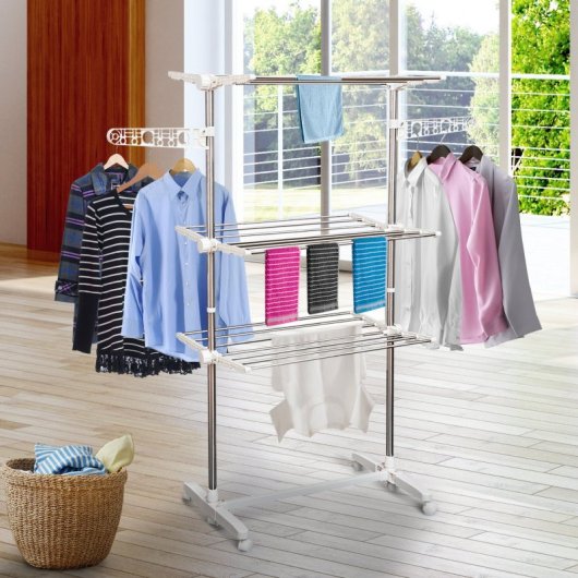 HOMCOM Tendedero Plegable de 3 Niveles con 6 Ruedas Acero Inox. 80-142x55x152 cm