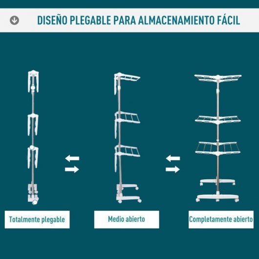 HOMCOM Tendedero Plegable de 3 Niveles con 6 Ruedas Acero Inox. 80-142x55x152 cm