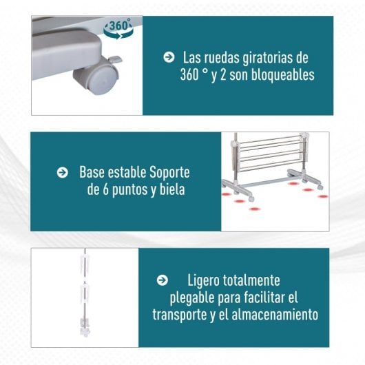 HOMCOM Tendedero Plegable de 3 Niveles con 6 Ruedas Acero Inox. 80-142x55x152 cm