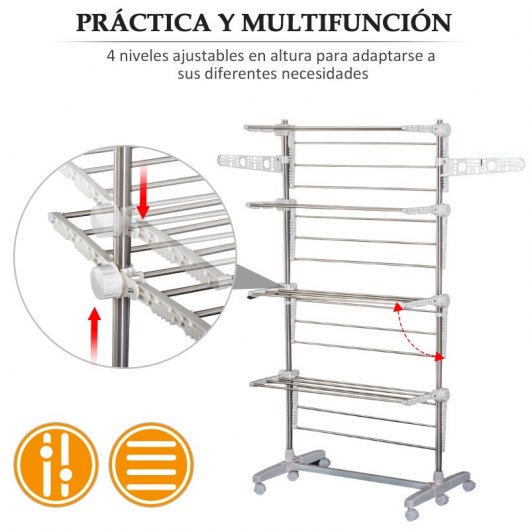 HOMCOM Tendedero Plegable 4 Niveles con 6 Ruedas Estantes Acero 80-142x55x172 cm