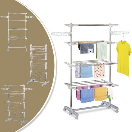 HOMCOM Tendedero Plegable 4 Niveles con 6 Ruedas Estantes Acero 80-142x55x172 cm