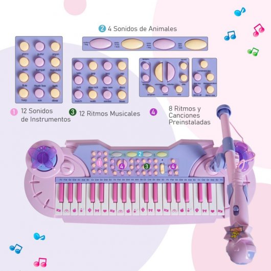 Homcom Piano Infantil 37 Teclas con Micrófono y Luces