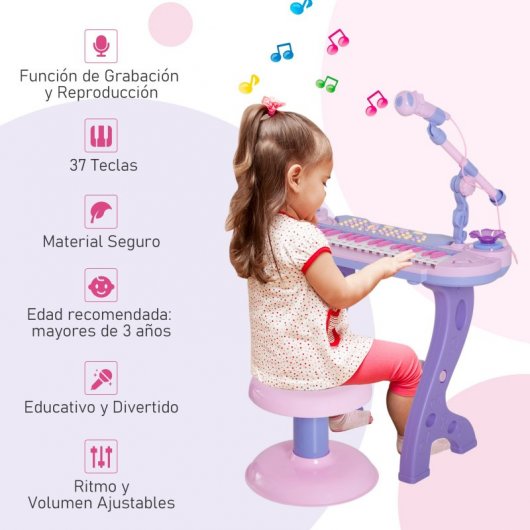 Homcom Piano Infantil 37 Teclas con Micrófono y Luces