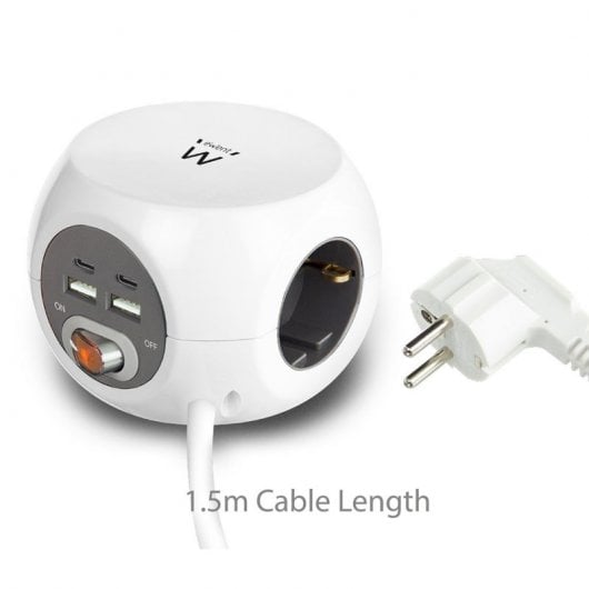 Ewent EW3957 Regleta Cúbica 3 Tomas  Schuko + 2 Puertos USB-C + 2 Puertos USB 3.4A 17W