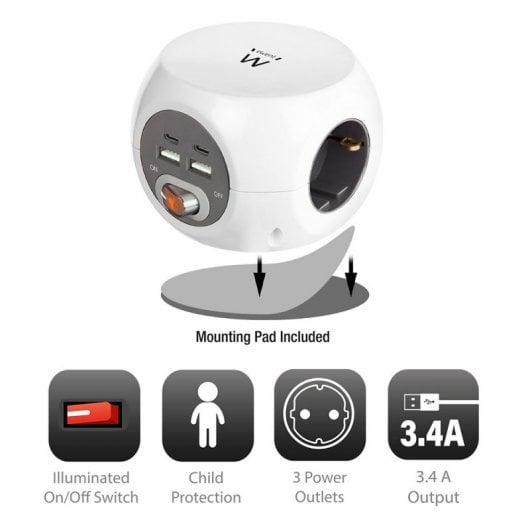 Ewent EW3957 Regleta Cúbica 3 Tomas  Schuko + 2 Puertos USB-C + 2 Puertos USB 3.4A 17W
