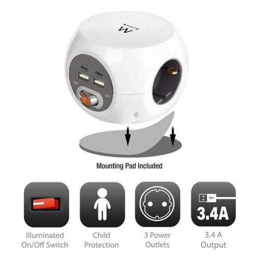 Multiprise Ewent EW3957 3 Prises 2 USB-C 2 USB-A Interrupteur Protection