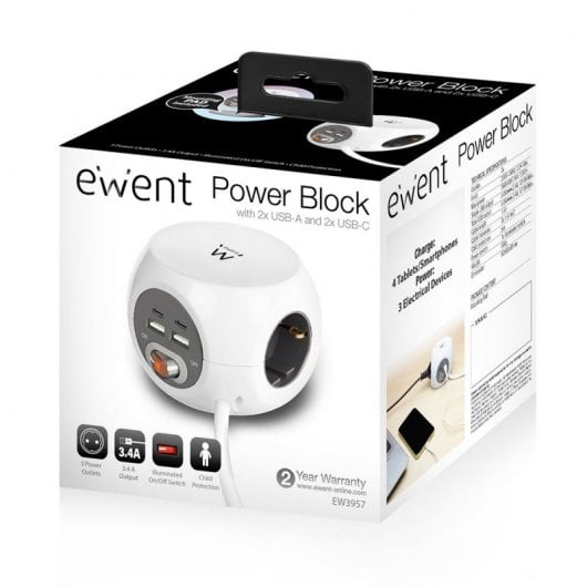 Ewent EW3957 Regleta Cúbica 3 Tomas  Schuko + 2 Puertos USB-C + 2 Puertos USB 3.4A 17W