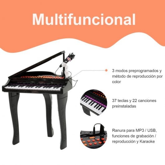 Homcom Piano Electrónico Infantil 37 Teclas con Micrófono y Luces 22 Canciones