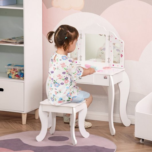 Homcom Tocador Infantil de Madera con Taburete Espejo y Cajón Rosa