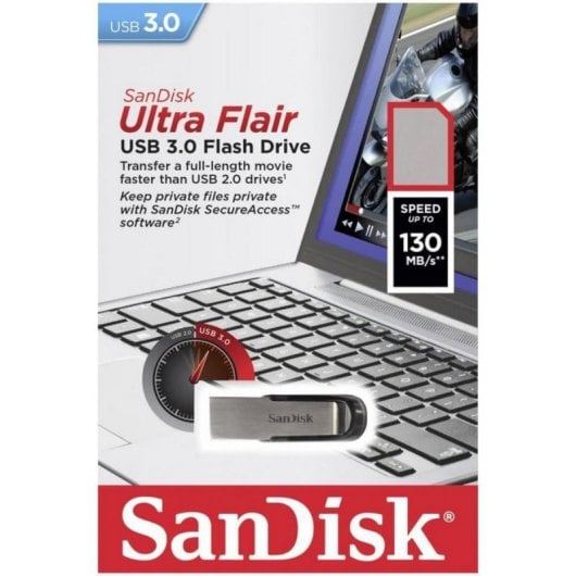 Pen USB SanDisk Ultra Flair 128GB USB 3.2 Gen 1 150MB/s Preto Prata Proteção por Senha